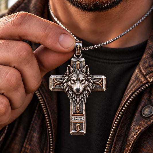 Collier Croix Gardien Loup - Pendentif Métal en Forme de Loup Personnalisé