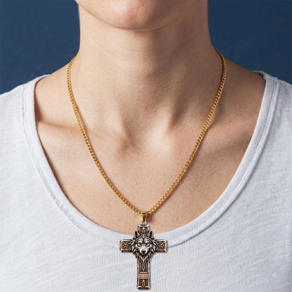 Wolf Guardian Cross Necklace - Personalized Wolf Shaped Metal Pendant Necklace