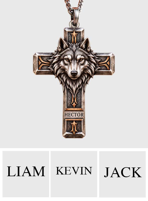 Wolf Guardian Cross Necklace - Personalized Wolf Shaped Metal Pendant Necklace
