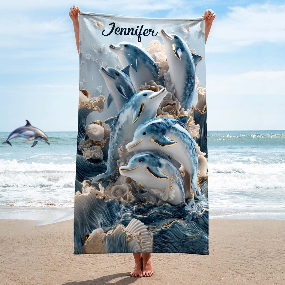 Ocean Dolphin – Personalisiertes, schnelltrocknendes Strand-/Badetuch mit Delfinmotiv