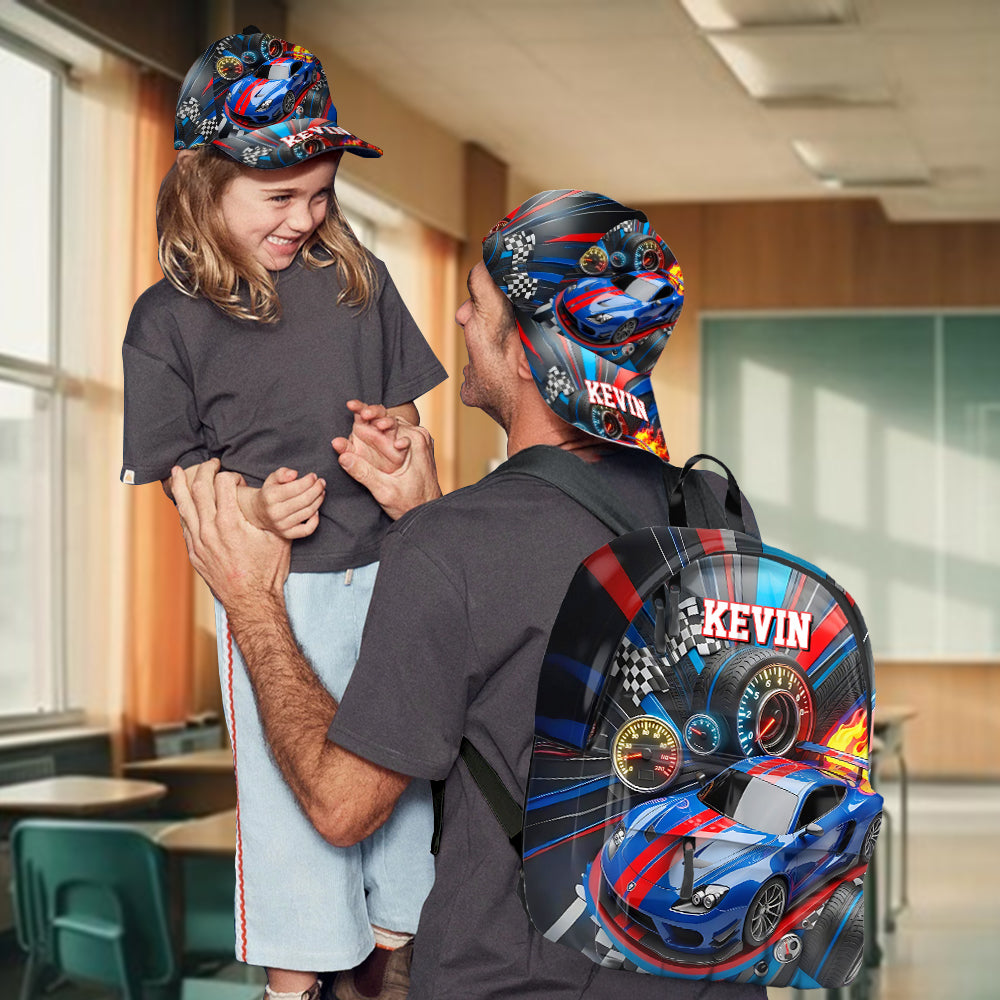 Rennwagen-Design – Personalisierte Kinder-Klassikkappe & Rucksack