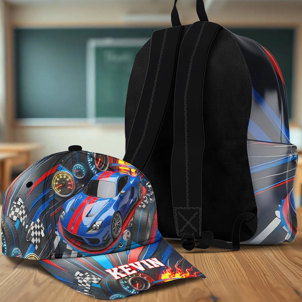 Rennwagen-Design – Personalisierte Kinder-Klassikkappe & Rucksack