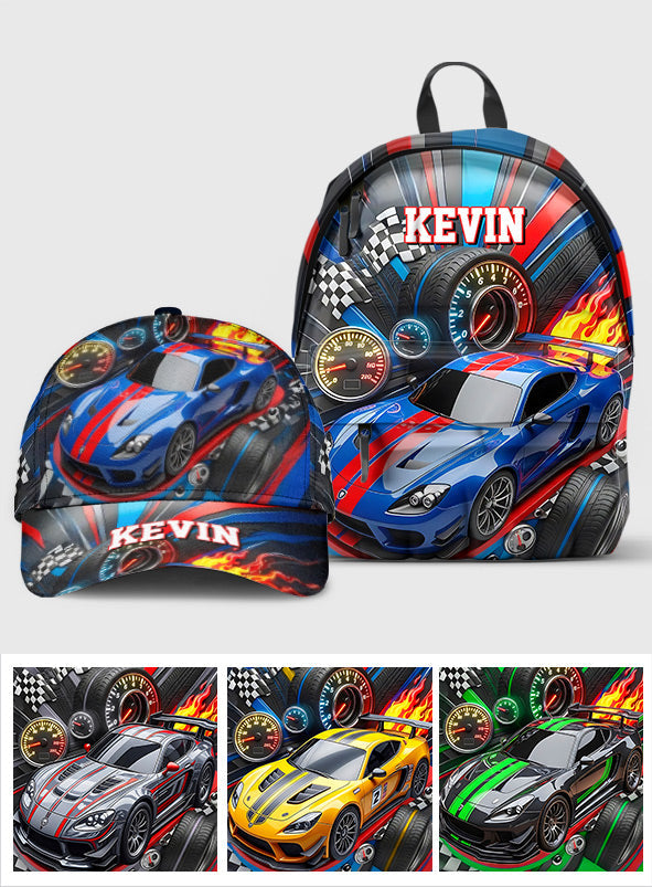 Rennwagen-Design – Personalisierte Kinder-Klassikkappe & Rucksack