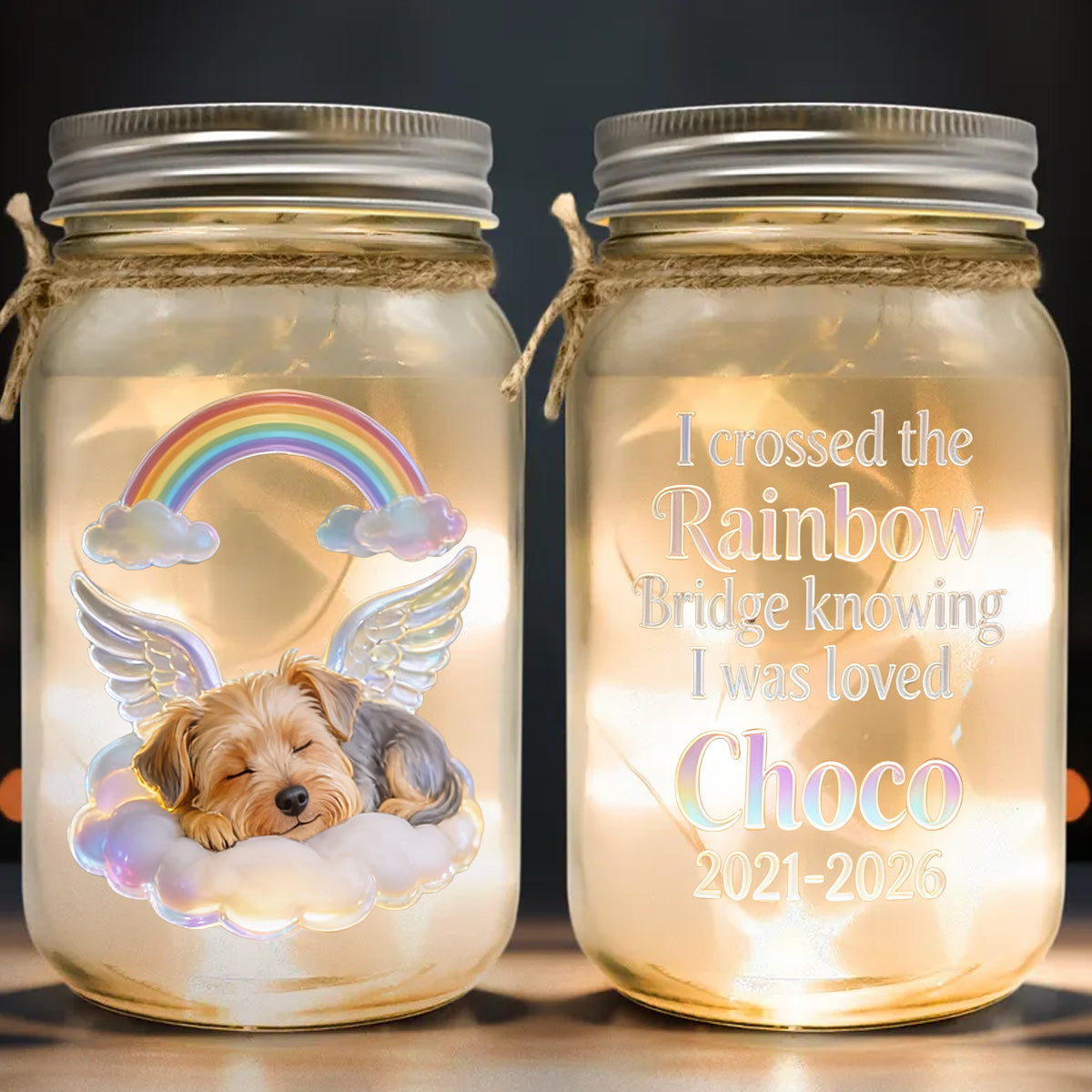 I Crossed Rainbow Bridge - Personalized Dog Mason Jar Light