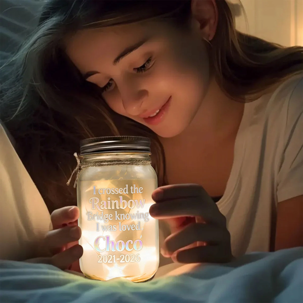 I Crossed Rainbow Bridge - Personalized Dog Mason Jar Light
