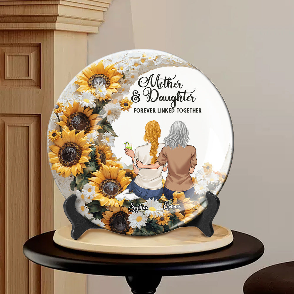Mother & Daughter/ Son Forever Linked Together - Personalized Mother Ceramic Round Plate
