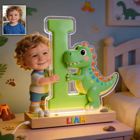 Dinosaurier Alphabet Buchstabe & Foto - Personalisierte LED Nachtlampe in Kinderform