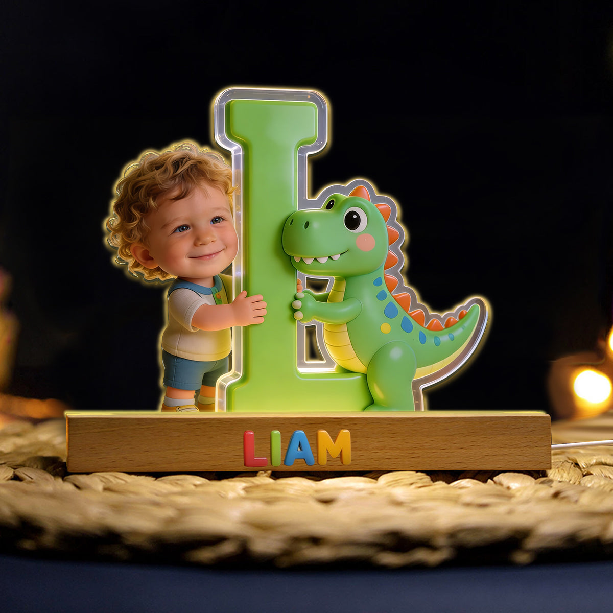 Dinosaurier Alphabet Buchstabe & Foto - Personalisierte LED Nachtlampe in Kinderform