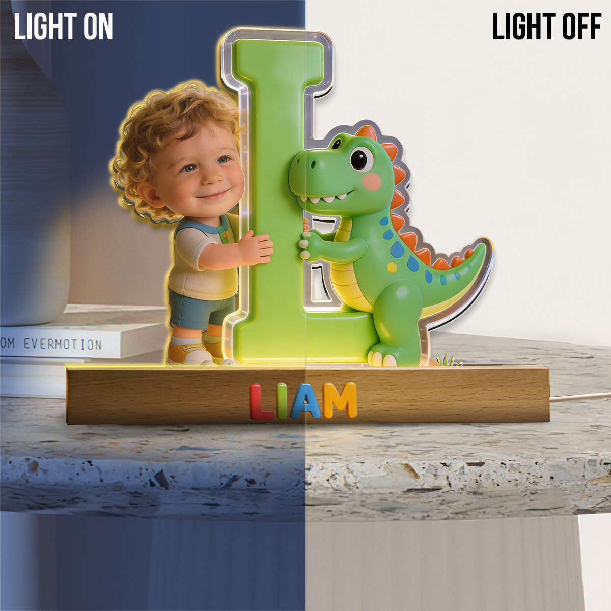 Dinosaurier Alphabet Buchstabe & Foto - Personalisierte LED Nachtlampe in Kinderform