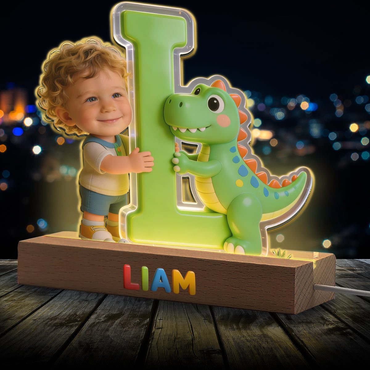 Dinosaurier Alphabet Buchstabe & Foto - Personalisierte LED Nachtlampe in Kinderform