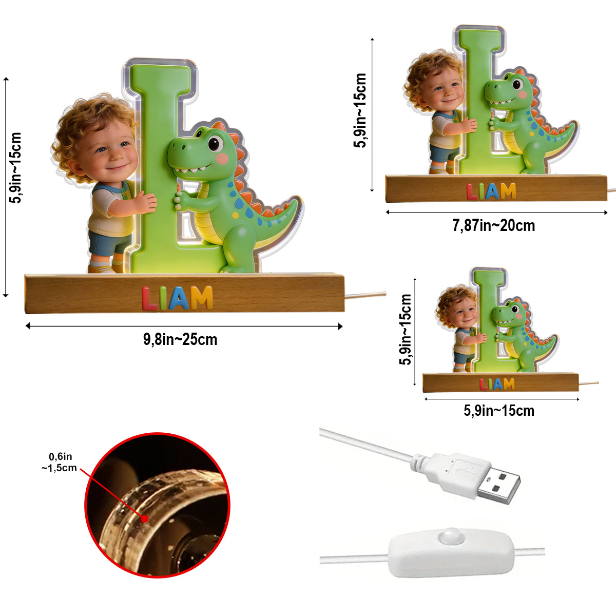 Dinosaurier Alphabet Buchstabe & Foto - Personalisierte LED Nachtlampe in Kinderform