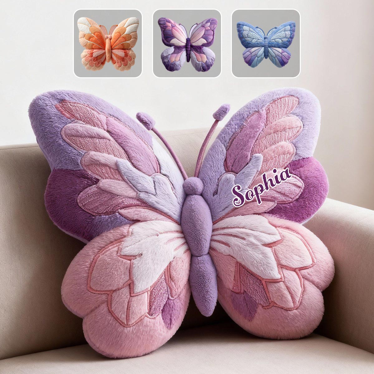 Flauschiger Schmetterling – Personalisiertes Schmetterlingskissen aus Kunstfell