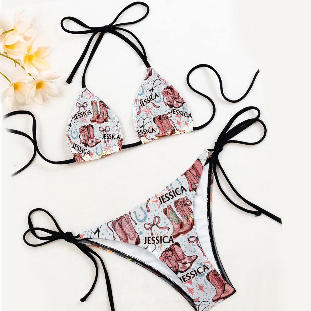 Coquette Cowgirl Boots and Bows - Personalized Cowgirl Triangle Bikini Swimsuit