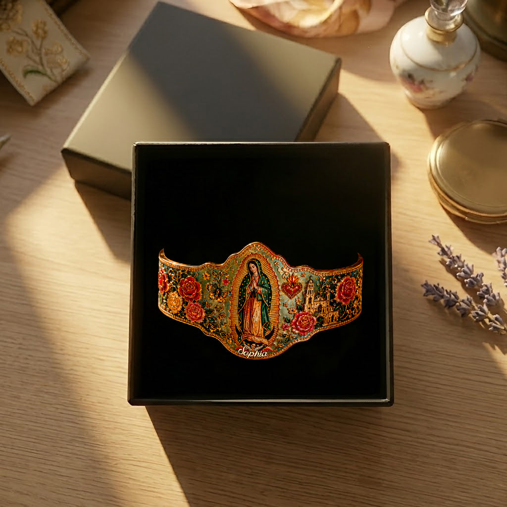 Mexican Goddess, Guadalupe - Personalized Christian Shaped Cuff Bracelet