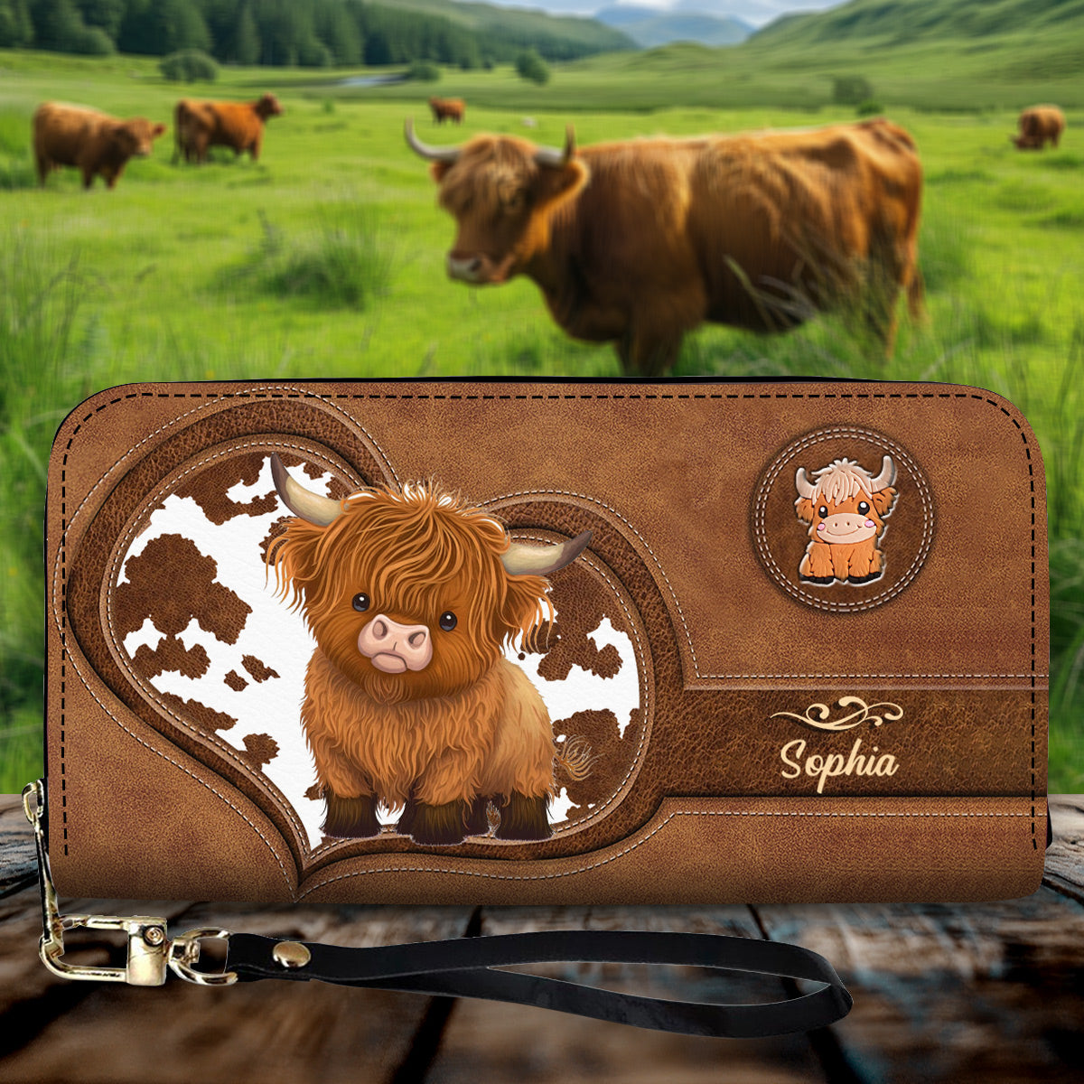 Portefeuille long en cuir de vache des Highlands personnalisé - Mignonne vache des Highlands