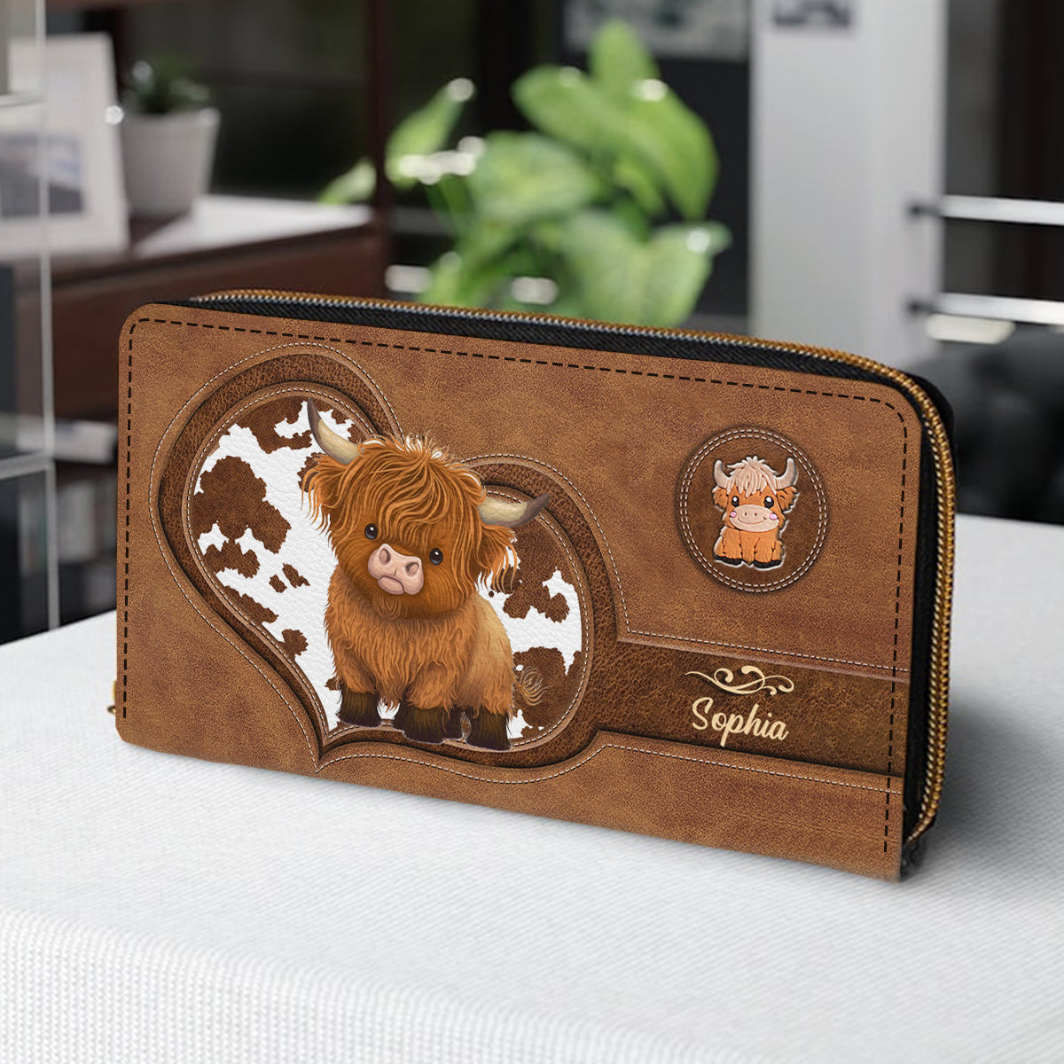 Portefeuille long en cuir de vache des Highlands personnalisé - Mignonne vache des Highlands