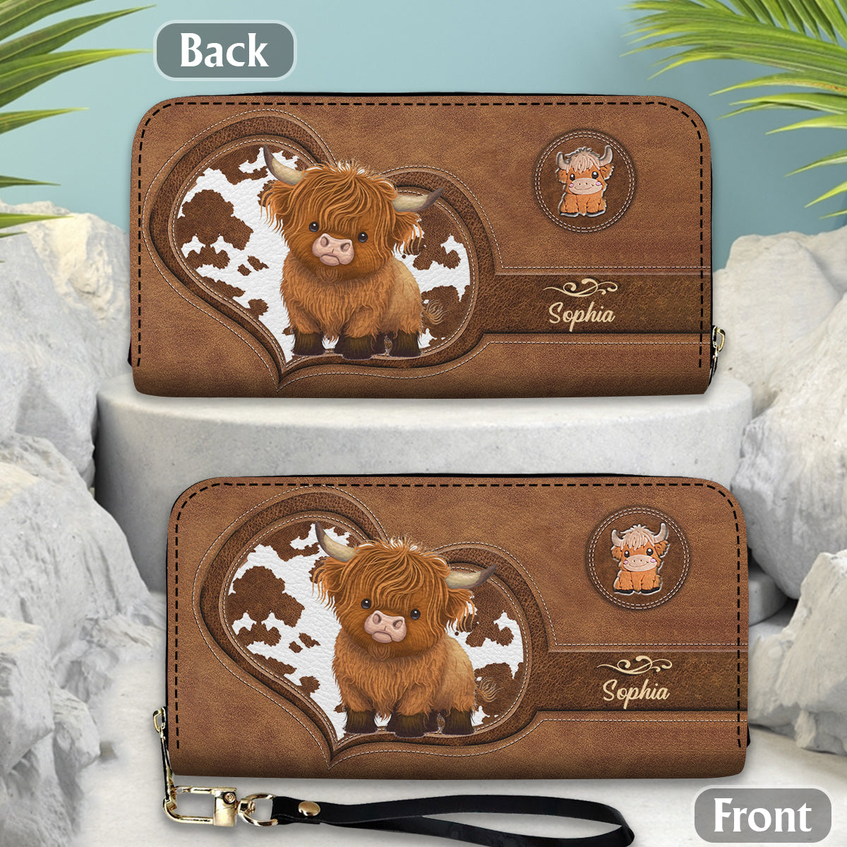 Portefeuille long en cuir de vache des Highlands personnalisé - Mignonne vache des Highlands
