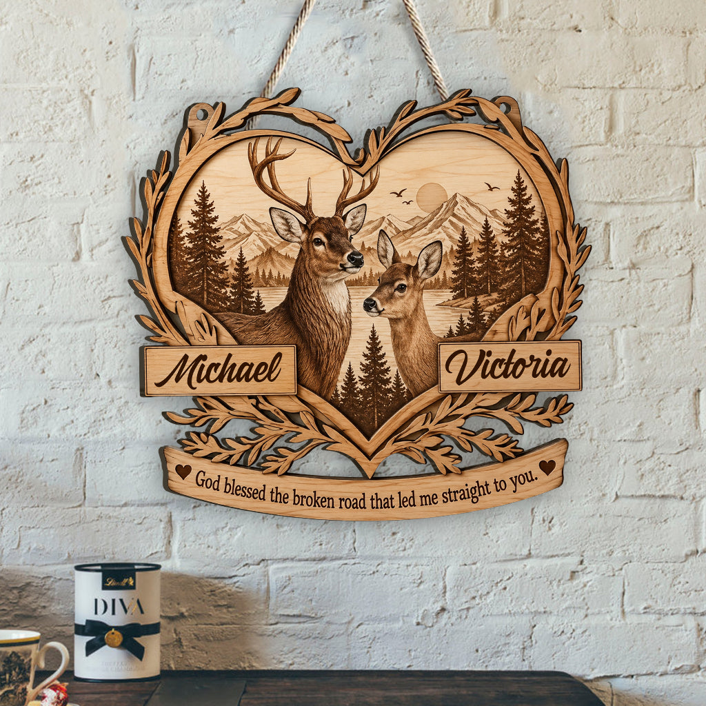 God Blessed The Broken Road That Led Me Straight To You - Personalized Couple Custom Shaped Wood Sign