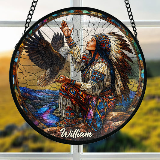 Indigenes, personalisiertes Sonnenfänger-Design aus Buntglas im Stil der amerikanischen Ureinwohner