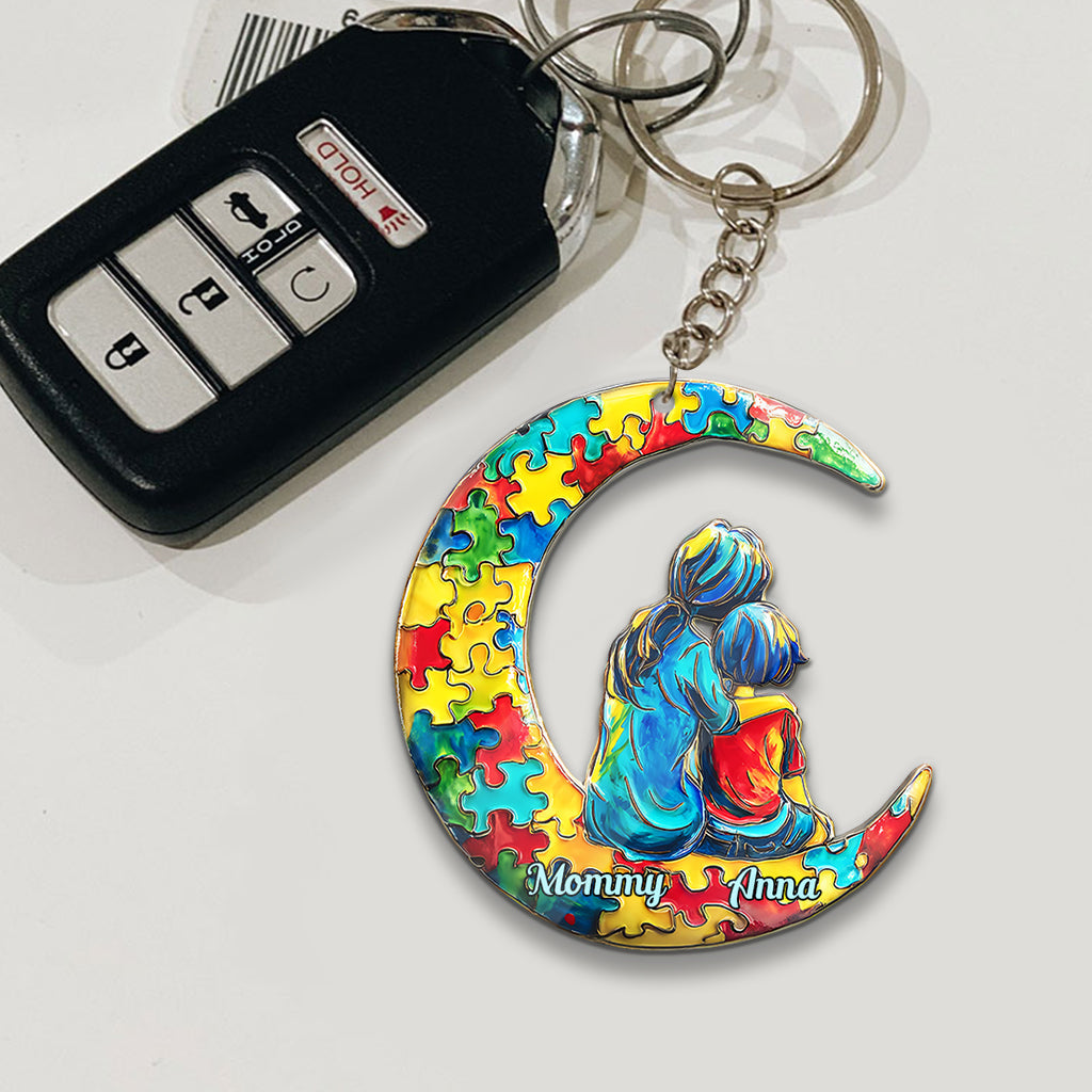 Mutter und Kind mit Autismus – Ich liebe dich bis zum Mond und zurück – Personalisierter Schlüsselanhänger zur Sensibilisierung für Autismus