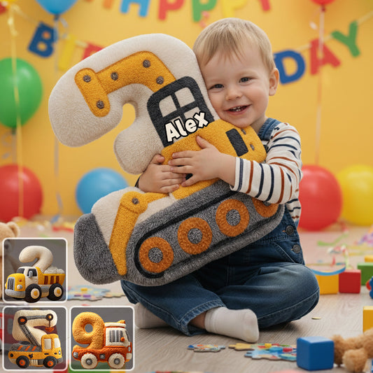 Geburtstagsgeschenk: Baustellenmaschinen – personalisiertes Kissen in Kinderform