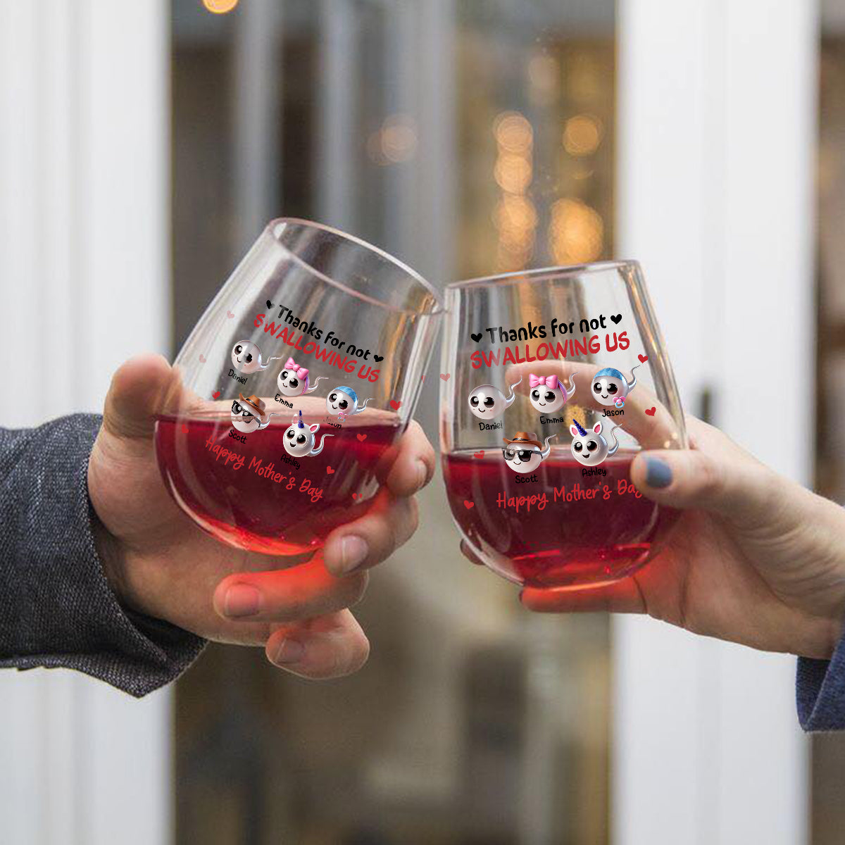 Mom Thanks For Not Swallowing Me - Personalized Mother All Over Wine Glass