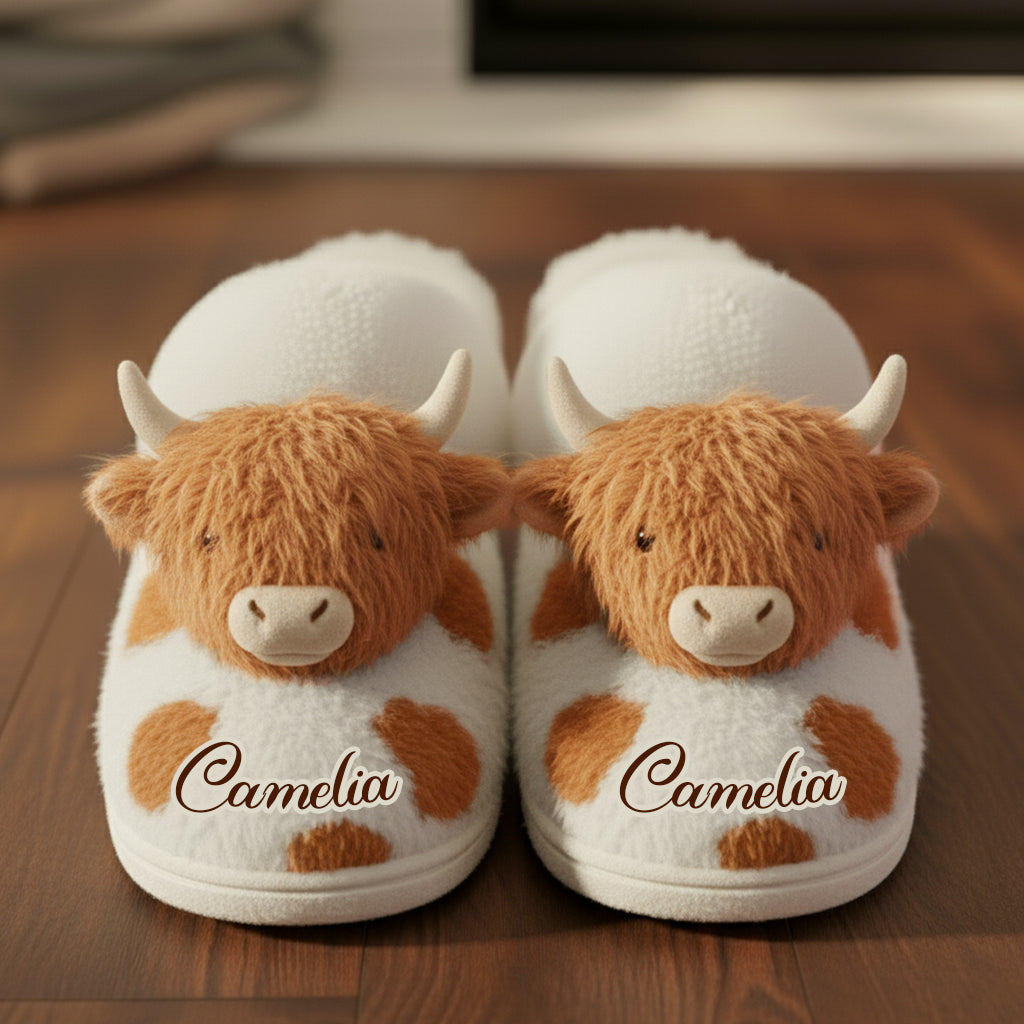 J'adore les vaches Highland - Pantoufles personnalisées en forme de vache Highland avec doublure en fourrure