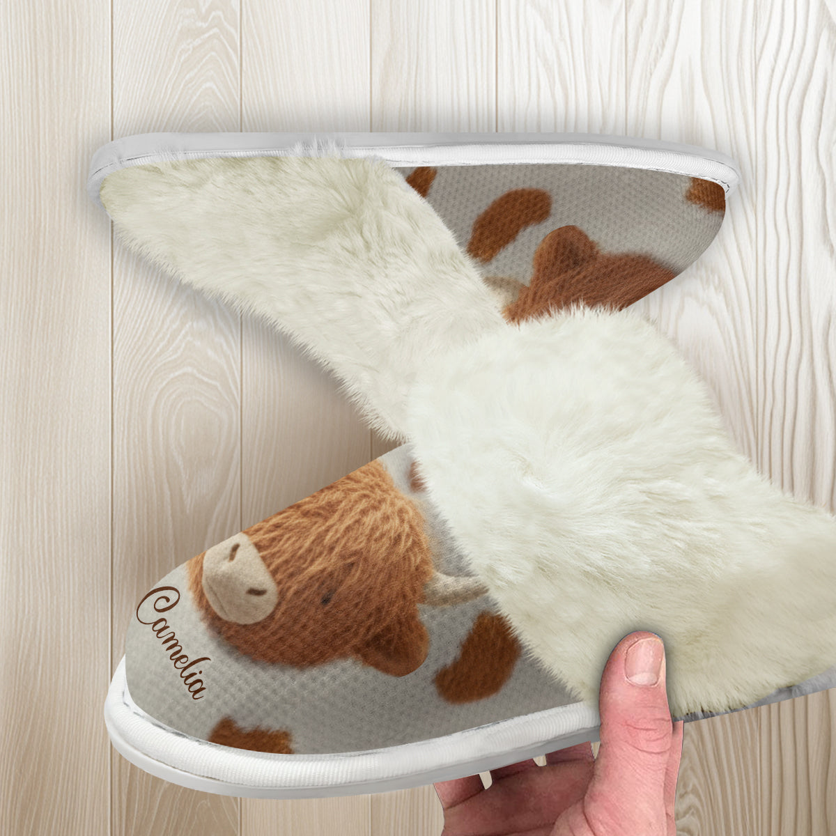 J'adore les vaches Highland - Pantoufles personnalisées en forme de vache Highland avec doublure en fourrure