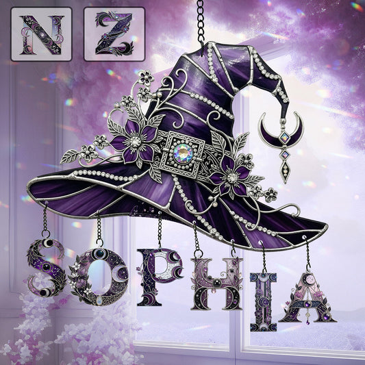 Floral With Hat - Personalized Witch Window Hanging Suncatcher With Custom Charms