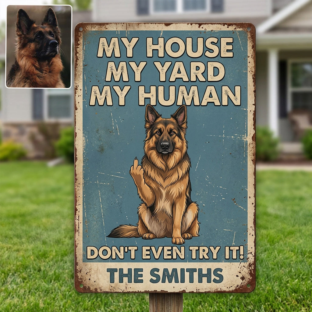 Lustiges Warnschild für Haustierbesitzer - Personalisiertes Hundeschild aus Metall