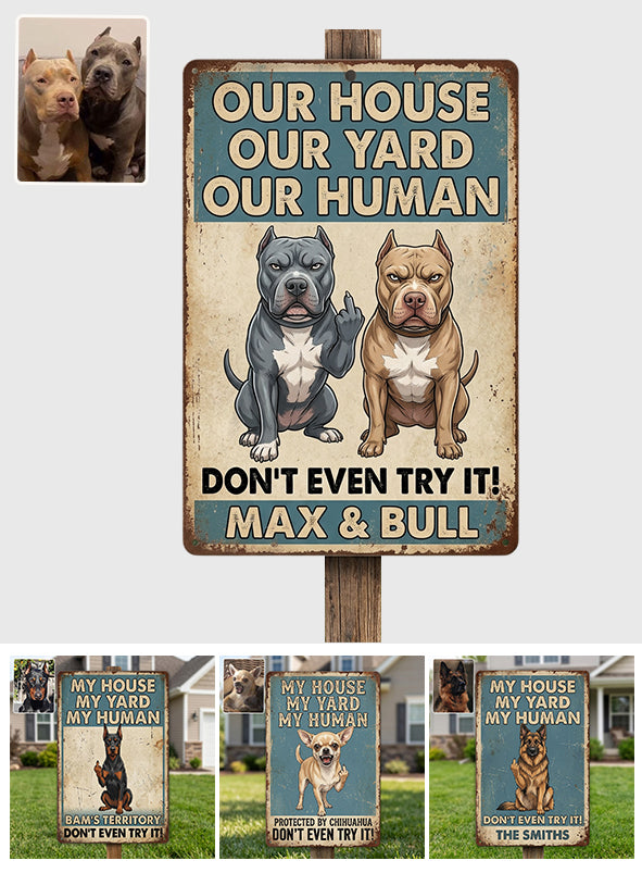 Lustiges Warnschild für Haustierbesitzer - Personalisiertes Hundeschild aus Metall