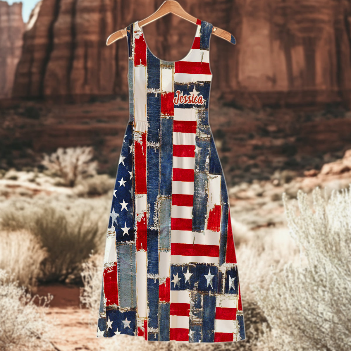 Robe sans manches personnalisée en denim à motif floral et drapeau américain rétro - Fête de l'Indépendance/4 juillet