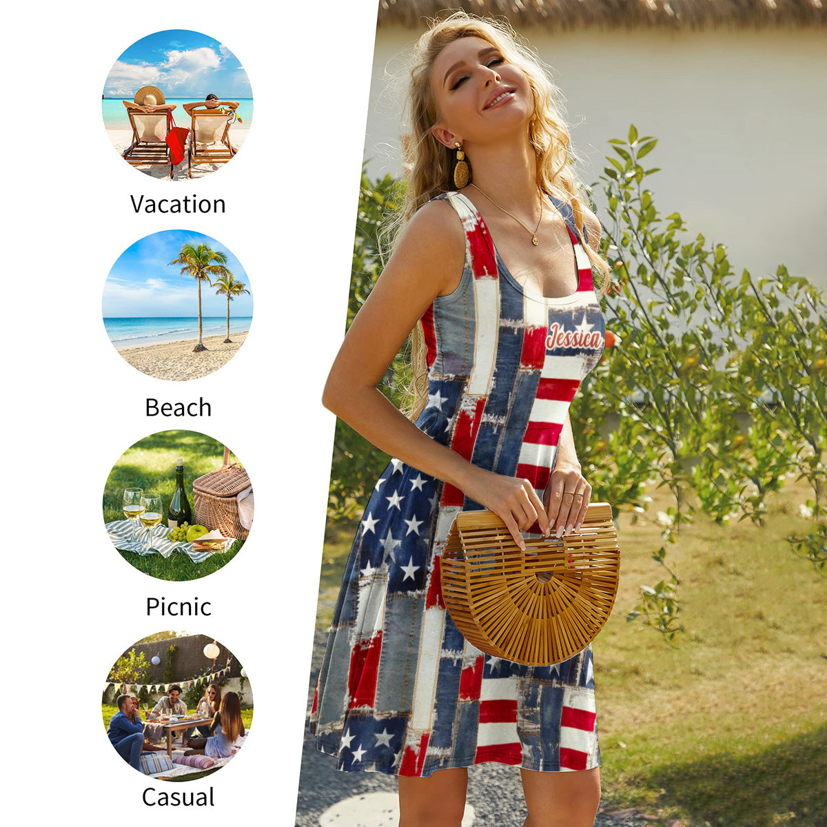 Robe sans manches personnalisée en denim à motif floral et drapeau américain rétro - Fête de l'Indépendance/4 juillet
