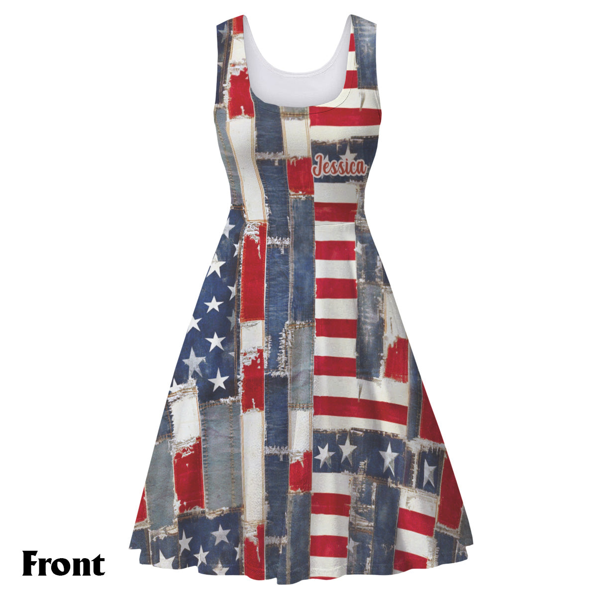 Robe sans manches personnalisée en denim à motif floral et drapeau américain rétro - Fête de l'Indépendance/4 juillet
