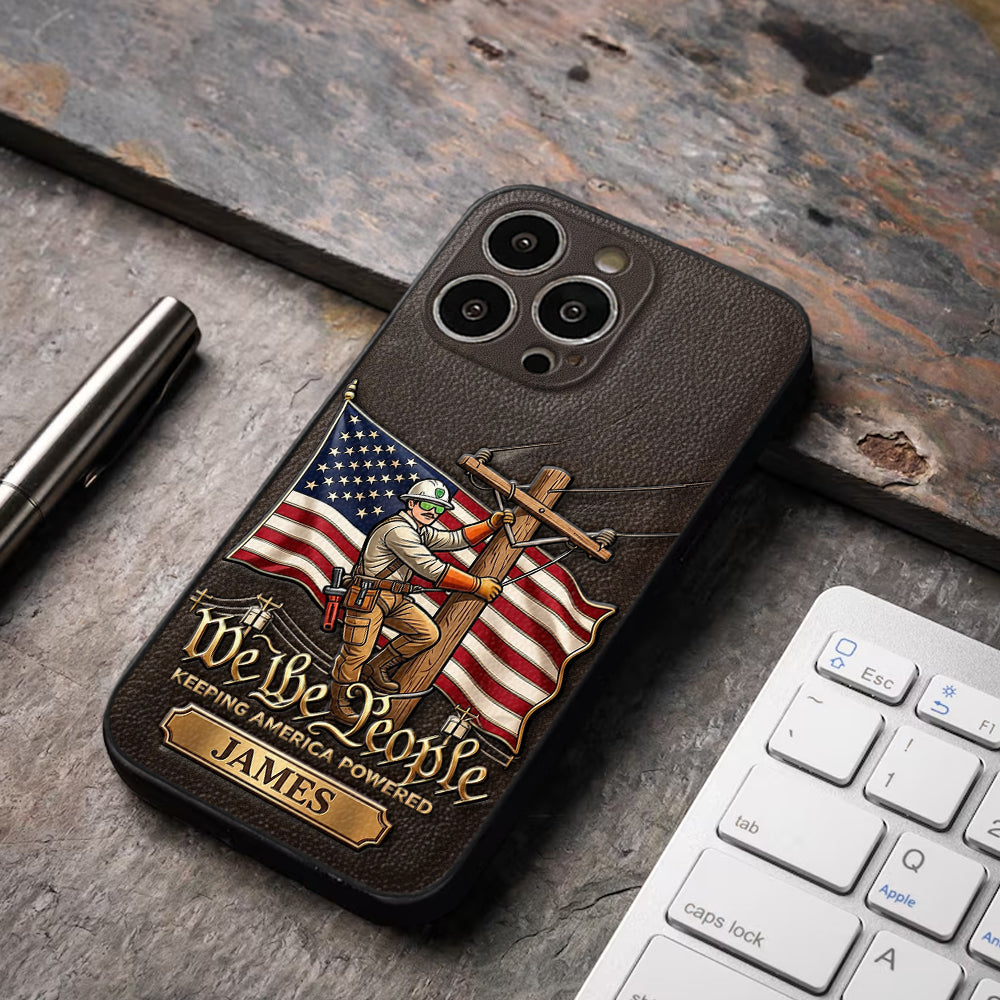 We The People - Personalized Lineman 3D Embossed Leather Phone Case