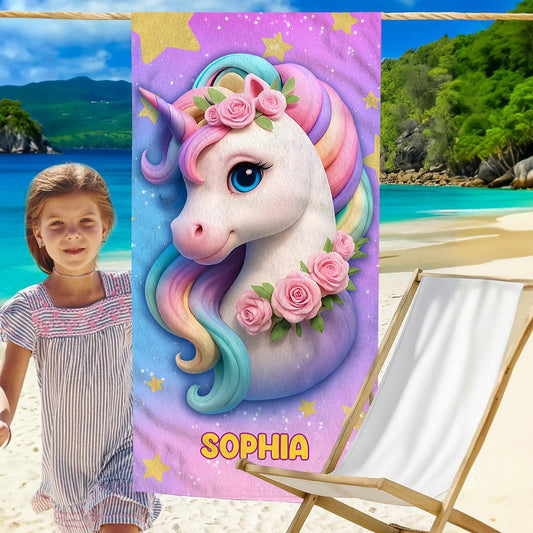 Niedliches Einhorn – personalisiertes, schnelltrocknendes Strand-/Badetuch mit Einhornmotiv