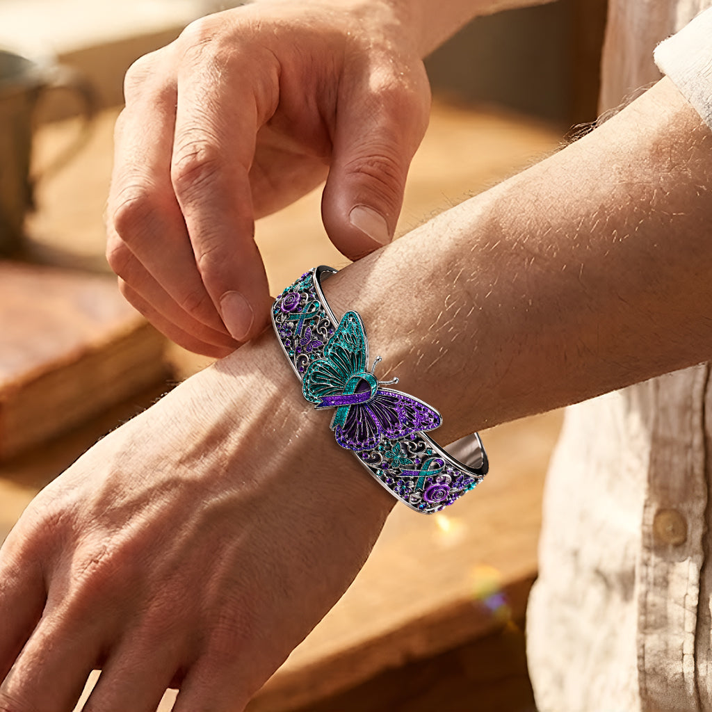 Teal & Purple Butterfly - Personalized Suicide Prevention Shaped Cuff Bracelet