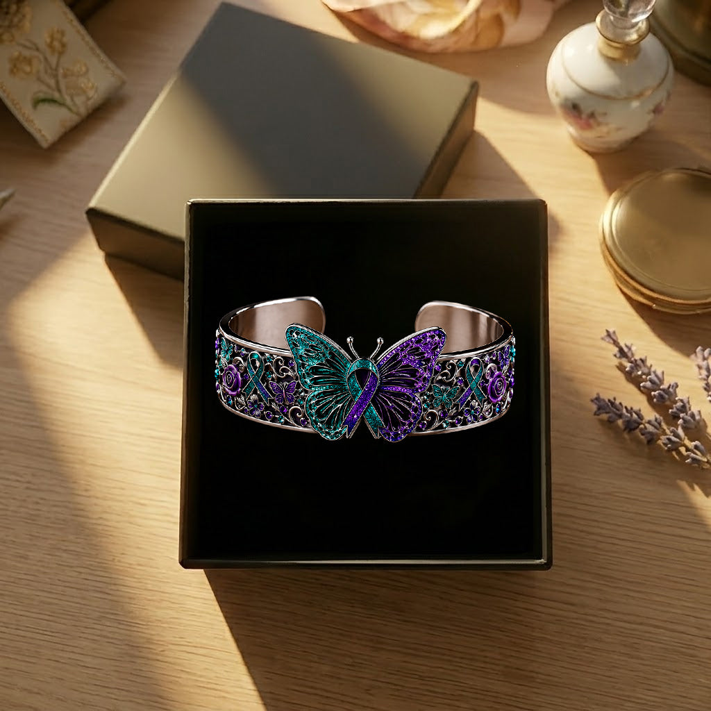 Teal & Purple Butterfly - Personalized Suicide Prevention Shaped Cuff Bracelet