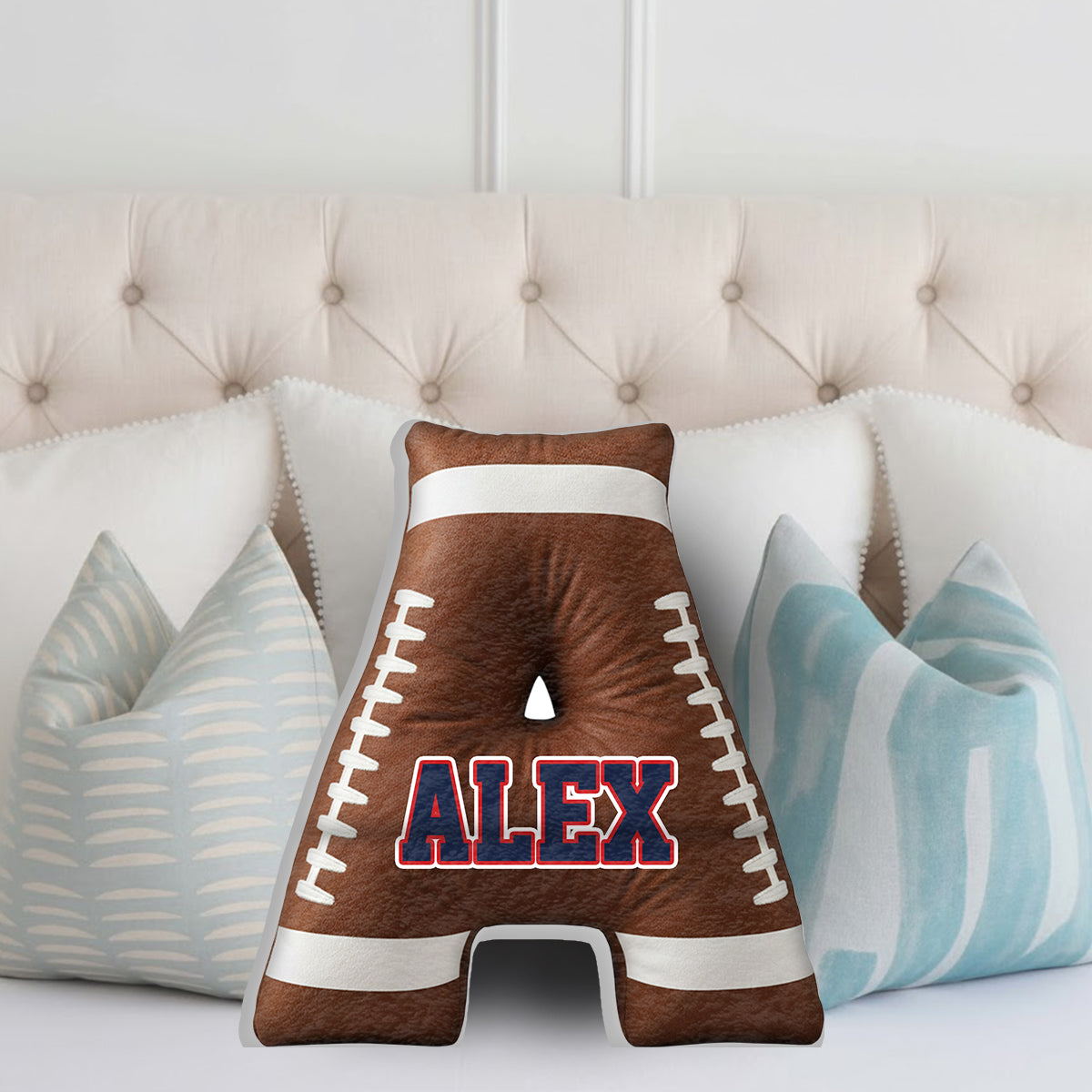 Coussin personnalisé en forme de ballon de football avec initiales et nom - Alphabet personnalisé