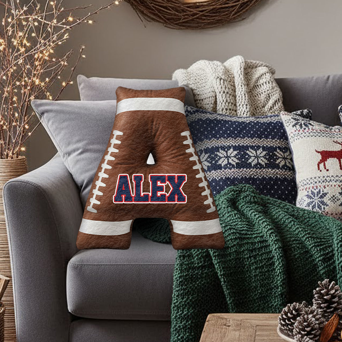 Coussin personnalisé en forme de ballon de football avec initiales et nom - Alphabet personnalisé