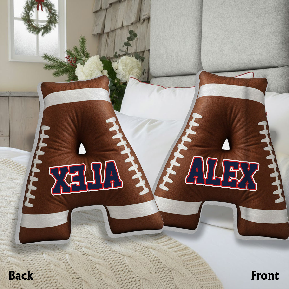 Coussin personnalisé en forme de ballon de football avec initiales et nom - Alphabet personnalisé