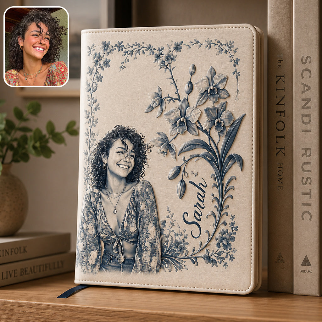 Birth Month Flower Toile de Jouy Style Custom Any Photo - Personalized Self Love Leather Journal