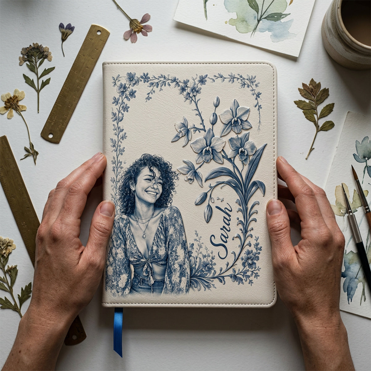 Birth Month Flower Toile de Jouy Style Custom Any Photo - Personalized Self Love Leather Journal