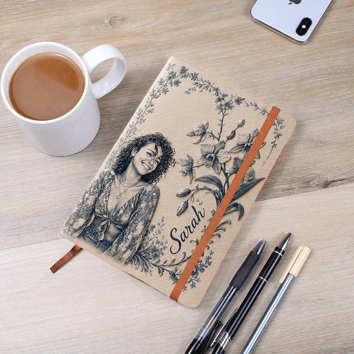 Birth Month Flower Toile de Jouy Style Custom Any Photo - Personalized Self Love Leather Journal