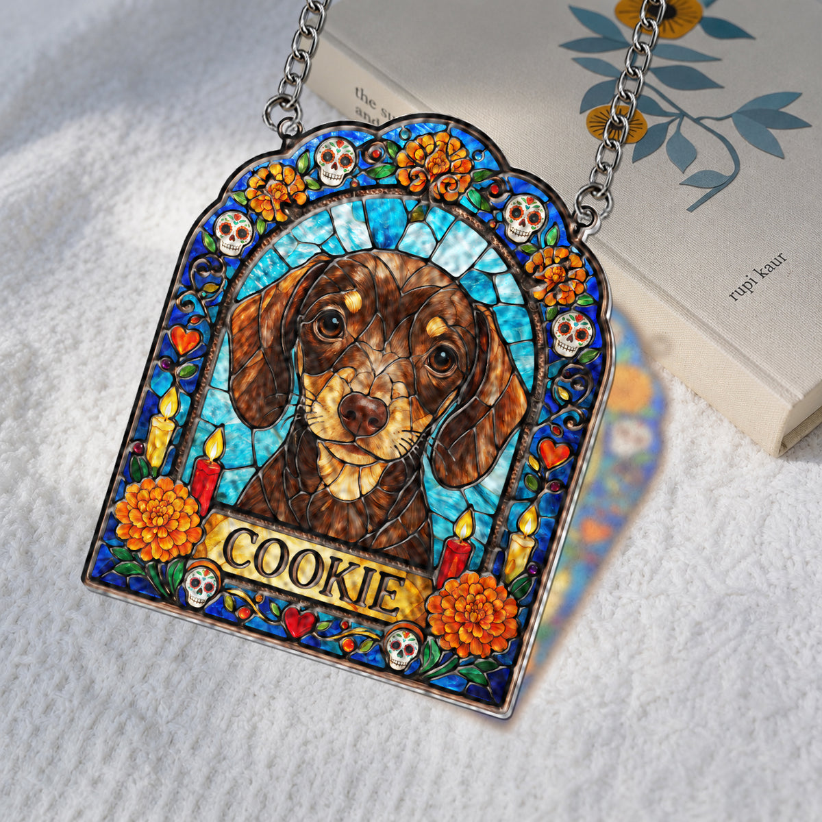 Dog Ofrenda Frame, Pet Memorial Día de Muertos - Personalized Dog 3D Printed Glass Suncatcher