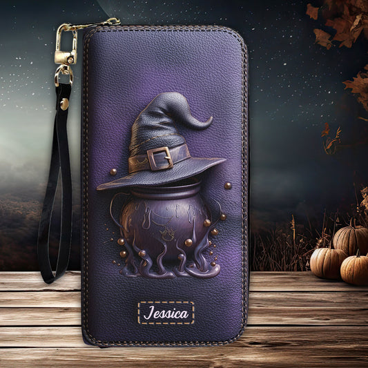 Magical Hat And Cauldron - Personalized Witch Leather Long Wallet