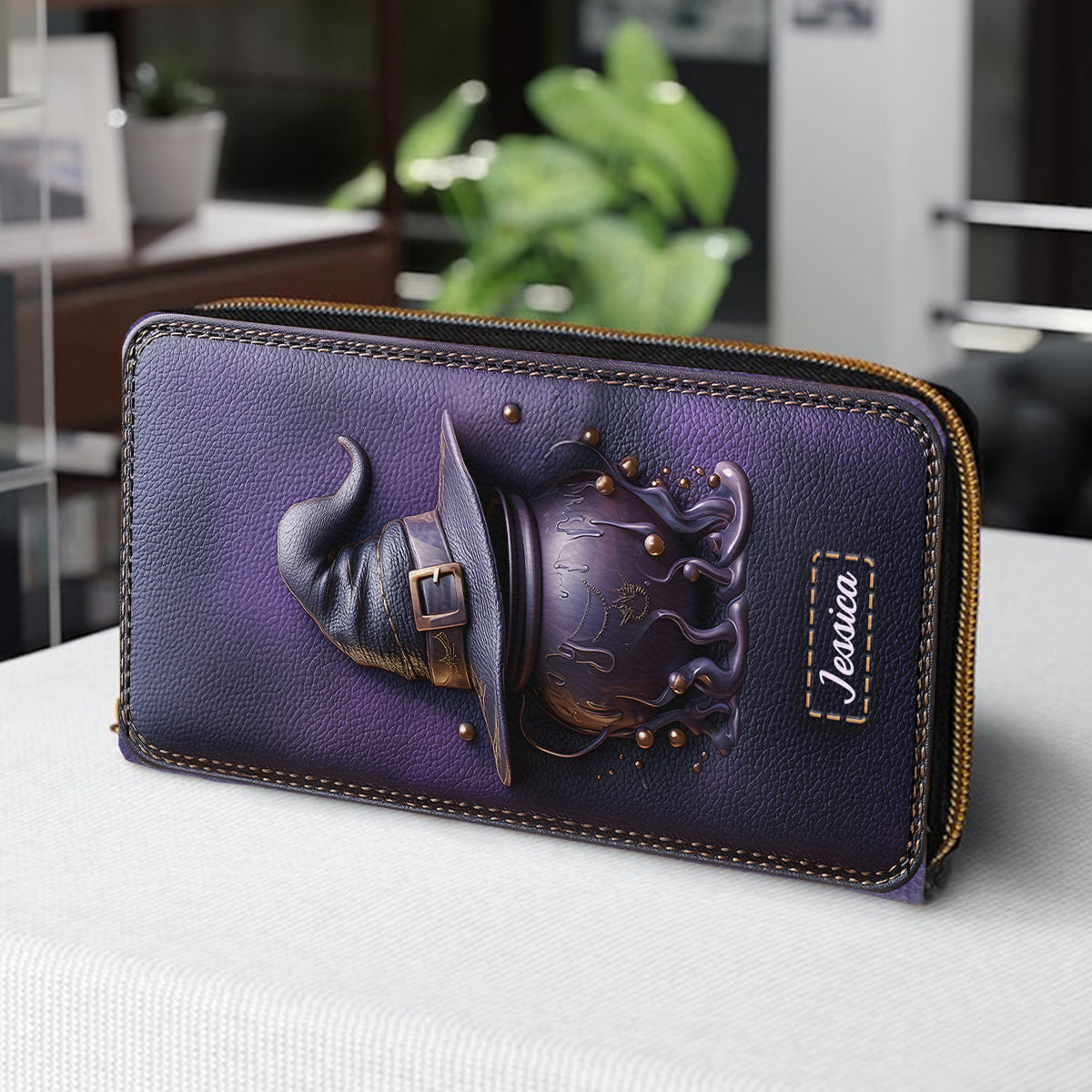 Magical Hat And Cauldron - Personalized Witch Leather Long Wallet