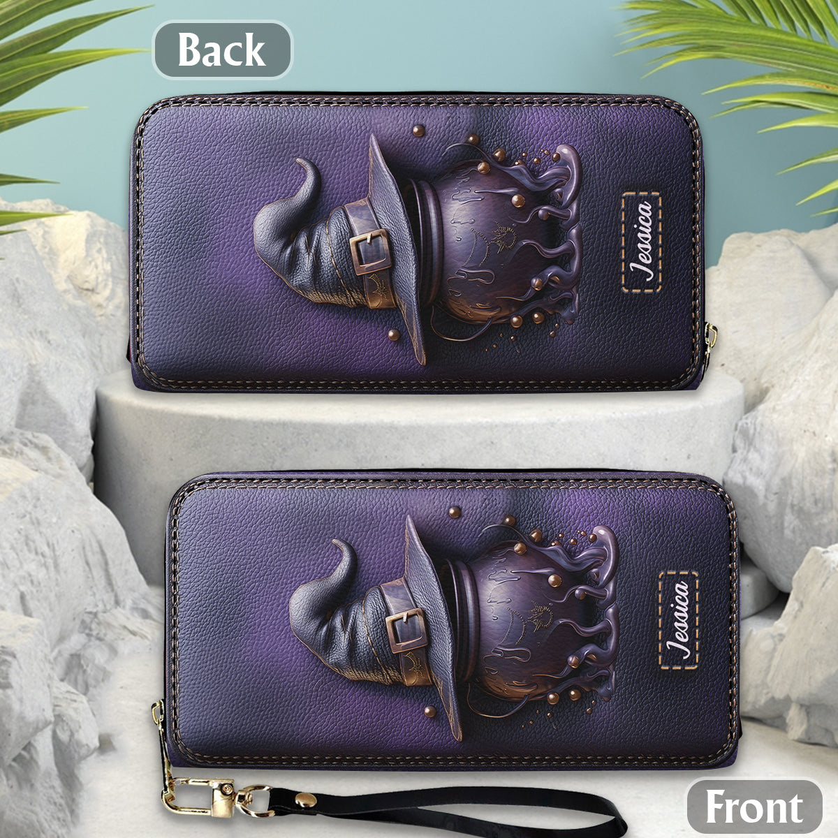 Magical Hat And Cauldron - Personalized Witch Leather Long Wallet