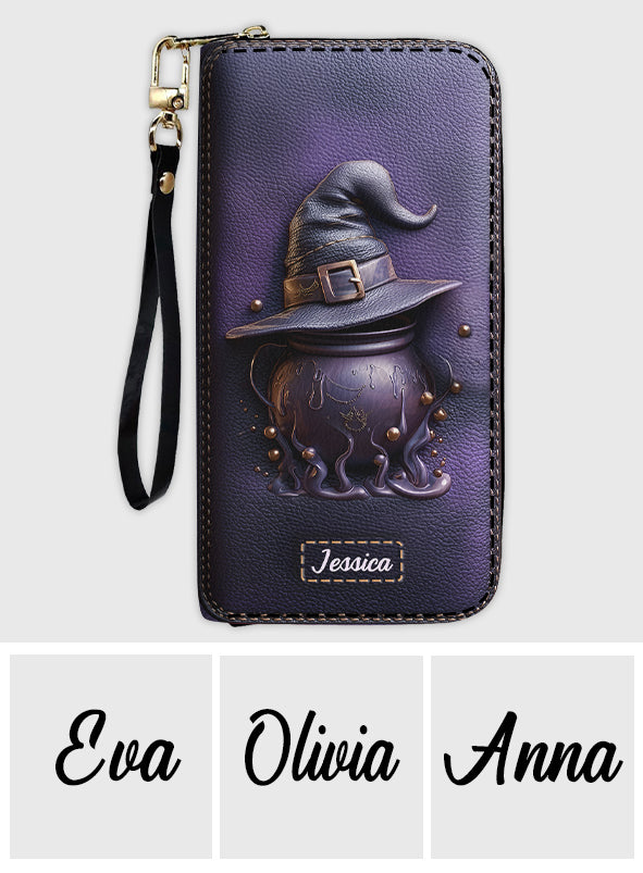 Magical Hat And Cauldron - Personalized Witch Leather Long Wallet
