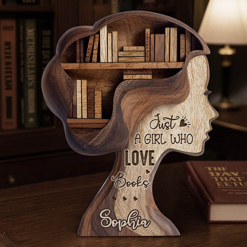 Une fille qui aime les livres - Plaque en bois personnalisée en forme de livre